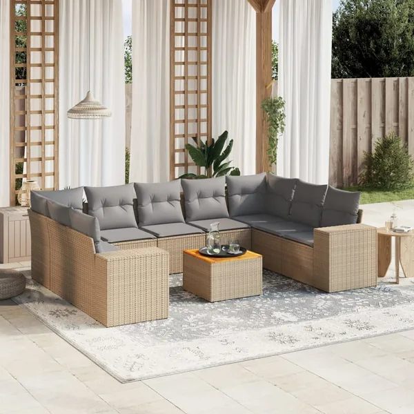 Salon de jardin avec coussins 10 pcs beige résine tressée