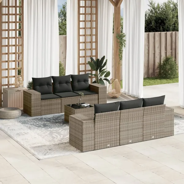 Salon de jardin avec coussins 7 pcs gris résine tressée