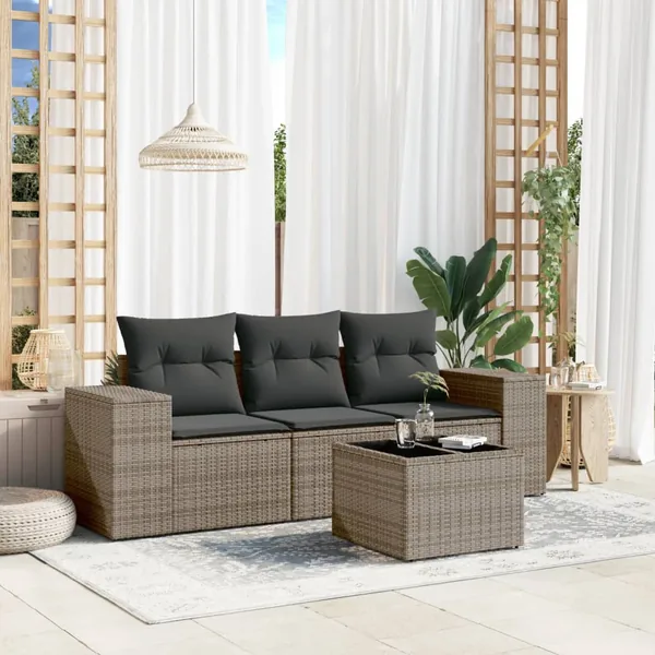 Salon de jardin 4 pcs avec coussins gris résine tressée