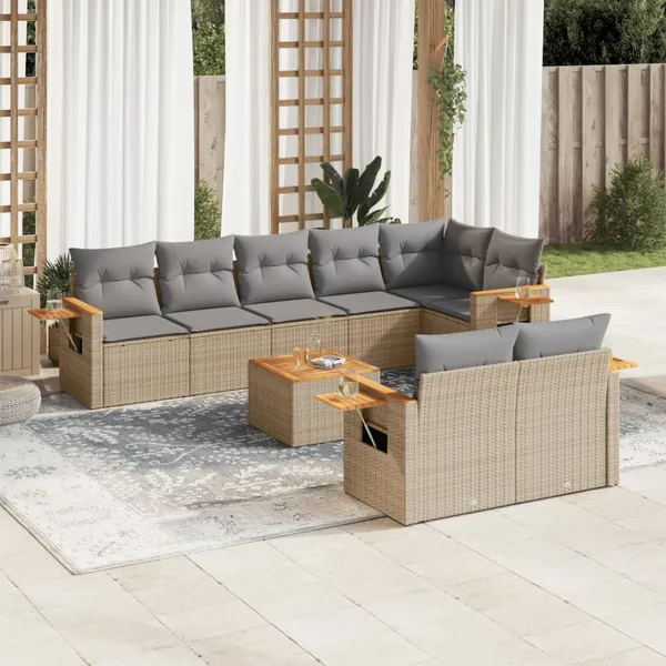 Salon de jardin avec coussins 9 pcs beige résine tressée