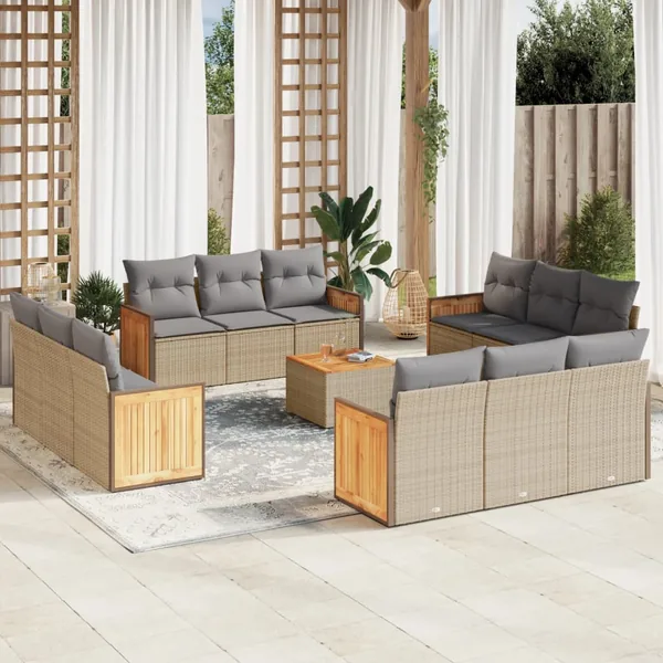 Salon de jardin avec coussins 13 pcs beige résine tressée