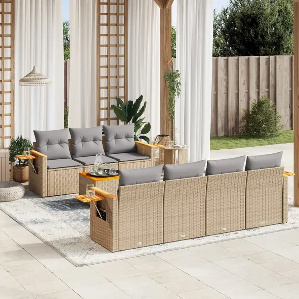 Salon de jardin avec coussins 8 pcs beige résine tressée