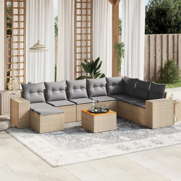 Salon de jardin avec coussins 9 pcs beige résine tressée