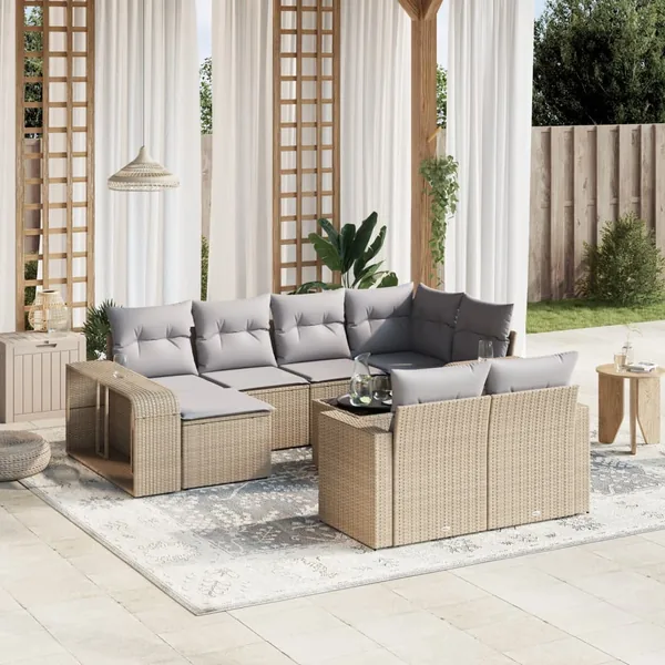 Salon de jardin 11 pcs avec coussins beige résine tressée