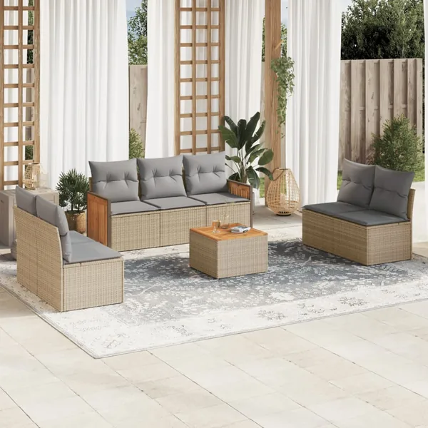 Salon de jardin avec coussins 8 pcs beige résine tressée