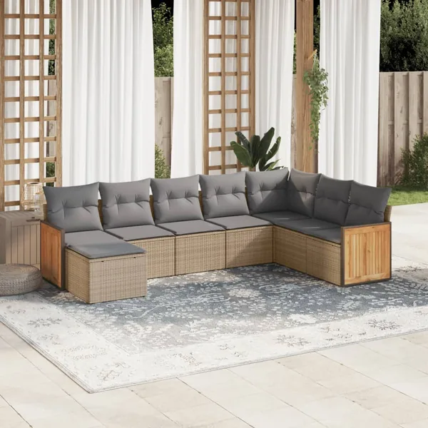 Salon de jardin avec coussins 8 pcs beige résine tressée