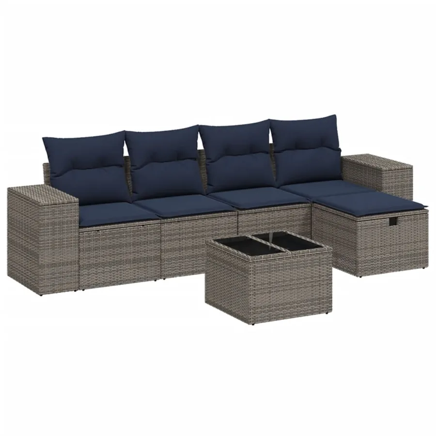 Salon de jardin 6 pcs avec coussins gris résine tressée - 2