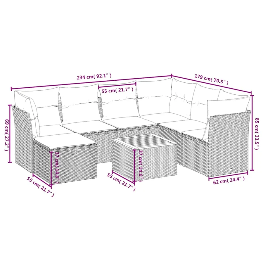 Salon de jardin 8 pcs avec coussins gris résine tressée - 4