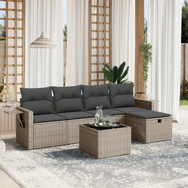 Salon de jardin 6 pcs avec coussins gris résine tressée