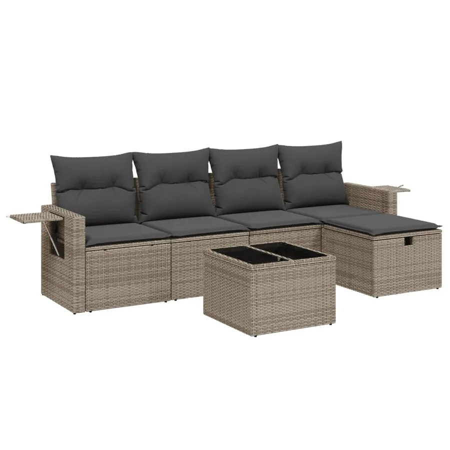 Salon de jardin 6 pcs avec coussins gris résine tressée - 2