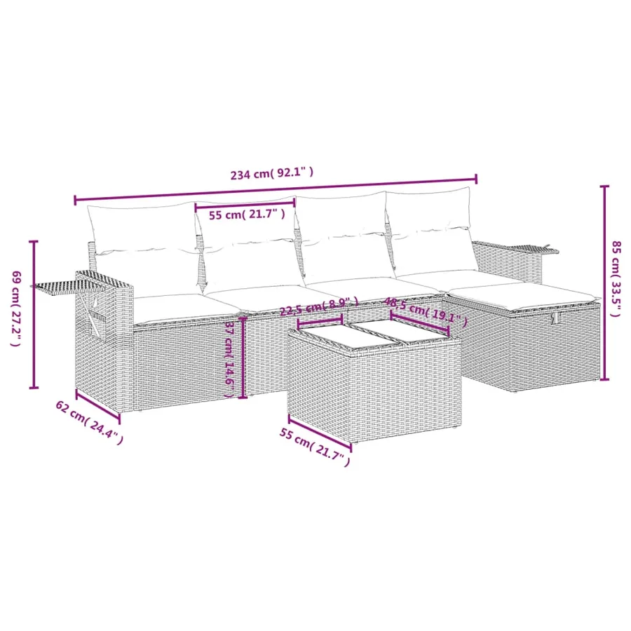 Salon de jardin 6 pcs avec coussins gris résine tressée - 4
