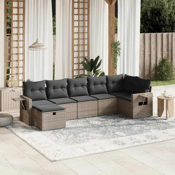 Salon de jardin avec coussins 7 pcs gris résine tressée