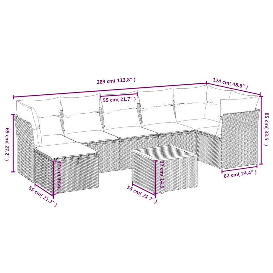 Salon de jardin 8 pcs avec coussins gris résine tressée - 4