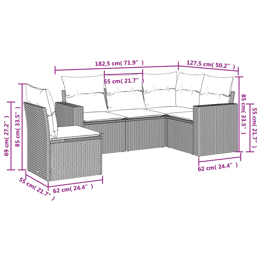 Salon de jardin 5 pcs avec coussins noir résine tressée - 3
