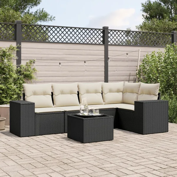 Salon de jardin 6 pcs avec coussins noir résine tressée