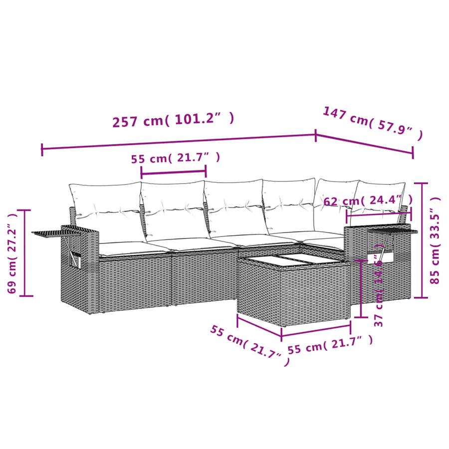 Salon de jardin 6 pcs avec coussins noir résine tressée - 3
