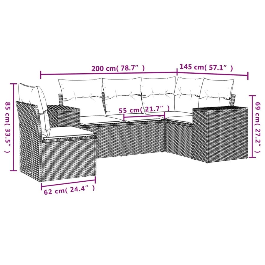 Salon de jardin 5 pcs avec coussins noir résine tressée - 3