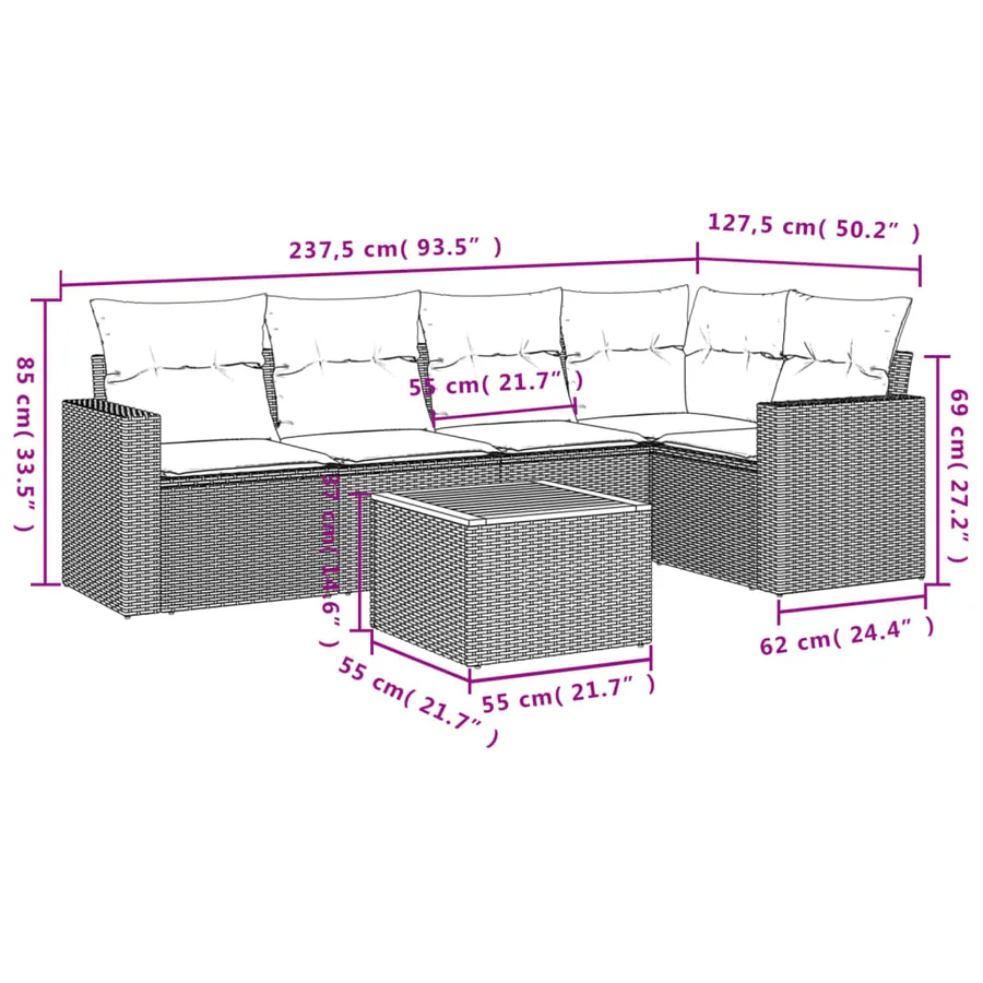 Salon de jardin 6 pcs avec coussins noir résine tressée - 12
