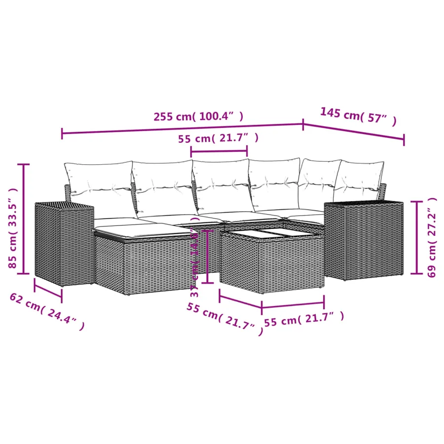 Salon de jardin 7 pcs avec coussins noir résine tressée 62 x 62 x 69 cm - 61,2 kg - 3