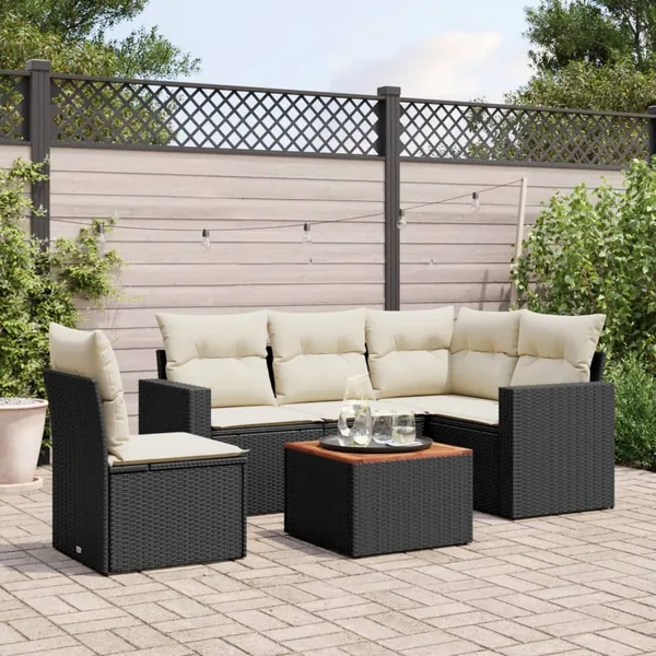 Salon de jardin 6 pcs avec coussins noir résine tressée
