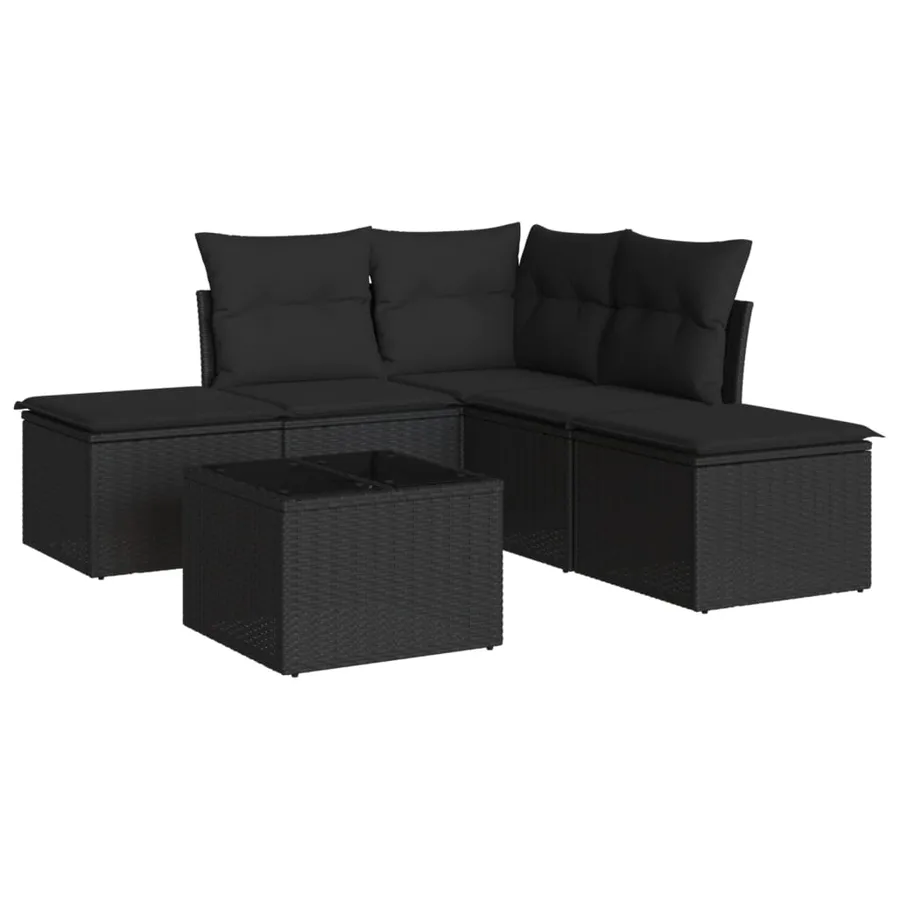 Salon de jardin 6 pcs avec coussins noir résine tressée - 2
