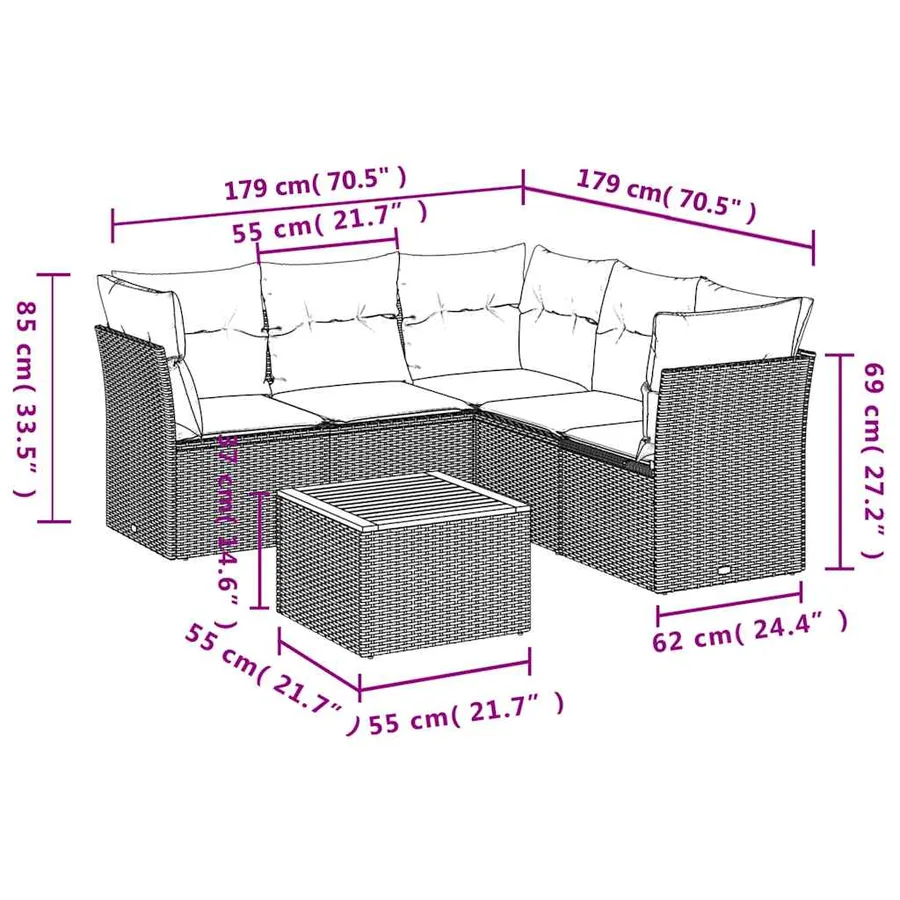 Salon de jardin 6 pcs avec coussins noir résine tressée - 10