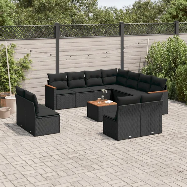 Salon de jardin 12 pcs avec coussins noir résine tressée