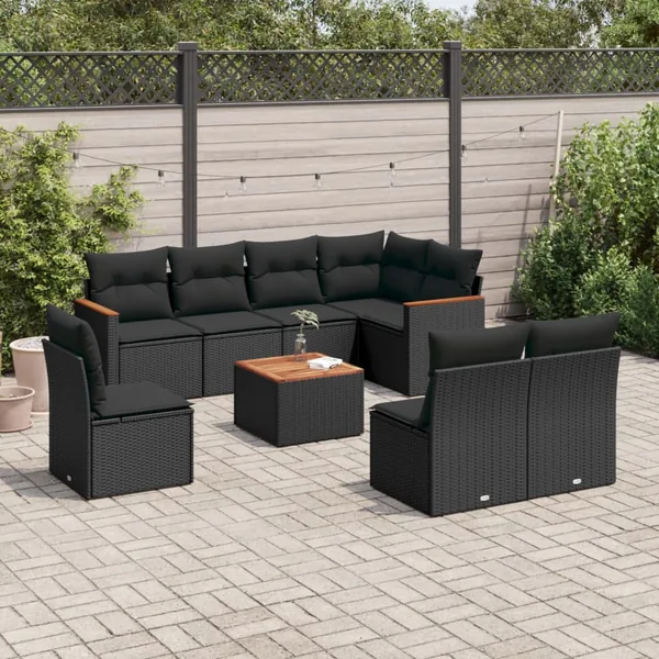 Salon de jardin 9 pcs avec coussins noir résine tressée