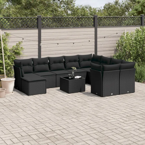 Salon de jardin 11 pcs avec coussins noir résine tressée