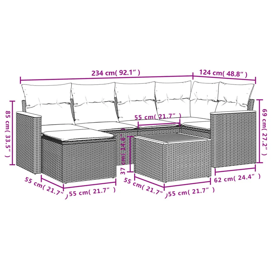 Salon de jardin 7 pcs avec coussins noir résine tressée 62 x 62 x 69 cm - 57,6 kg - 3