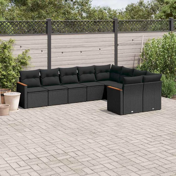 Salon de jardin 9 pcs avec coussins noir résine tressée