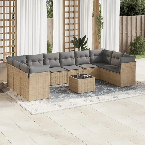 Salon de jardin 11 pcs avec coussins beige résine tressée