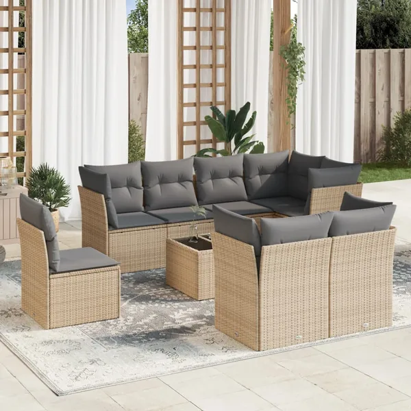 Salon de jardin avec coussins 9 pcs beige résine tressée