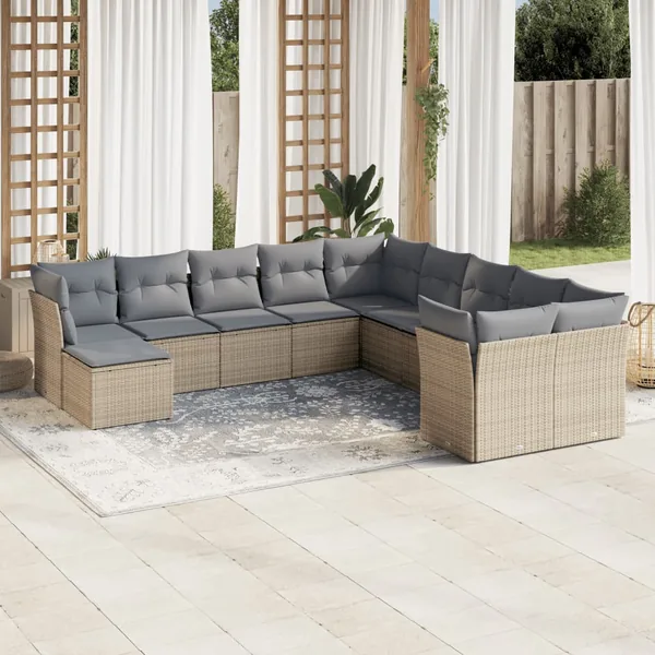 Salon de jardin 11 pcs avec coussins beige résine tressée