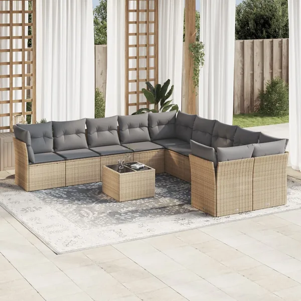 Salon de jardin 11 pcs avec coussins beige résine tressée