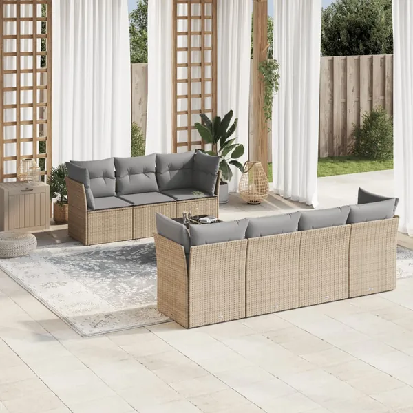 Salon de jardin avec coussins 8 pcs beige résine tressée
