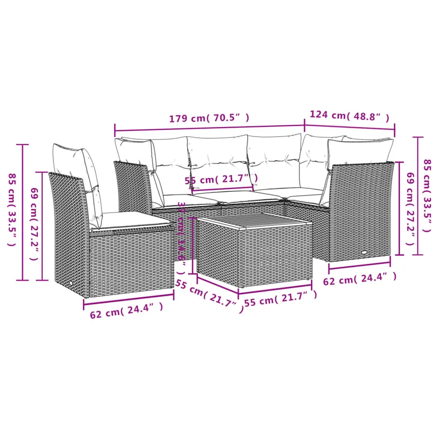 Salon de jardin 6 pcs avec coussins noir résine tressée - 10