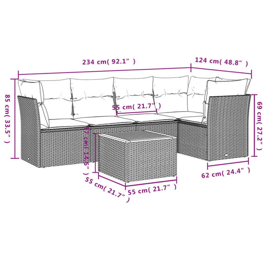 Salon de jardin 6 pcs avec coussins noir résine tressée - 10