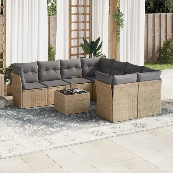 Salon de jardin avec coussins 9 pcs beige résine tressée