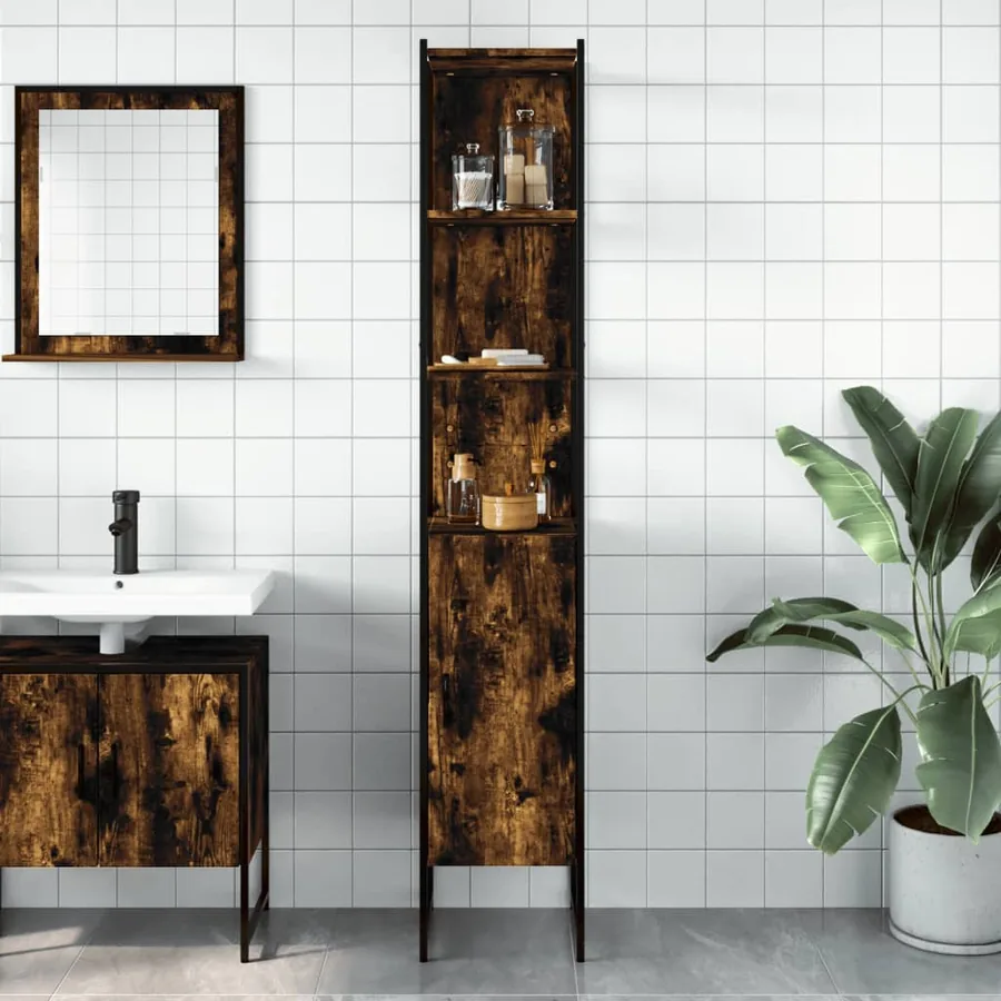 Armoire de bain chêne fumé 33x33x185,5 cm bois d'ingénierie - 3