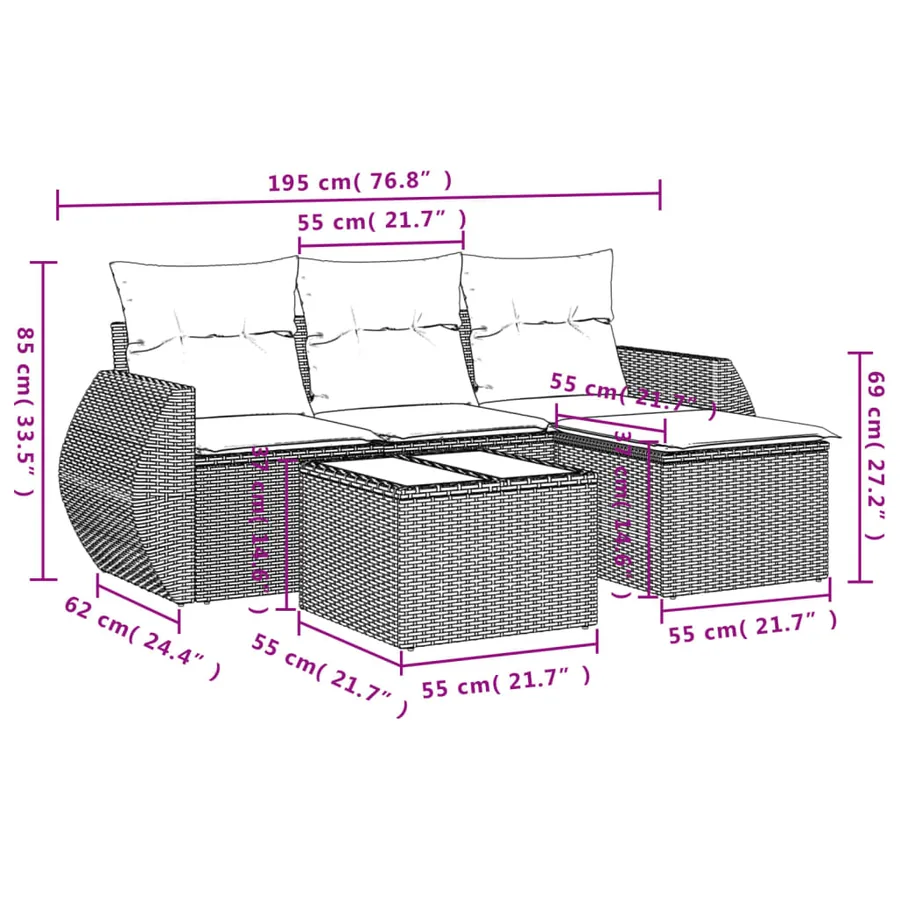 Salon de jardin 5 pcs avec coussins gris résine tressée - 3