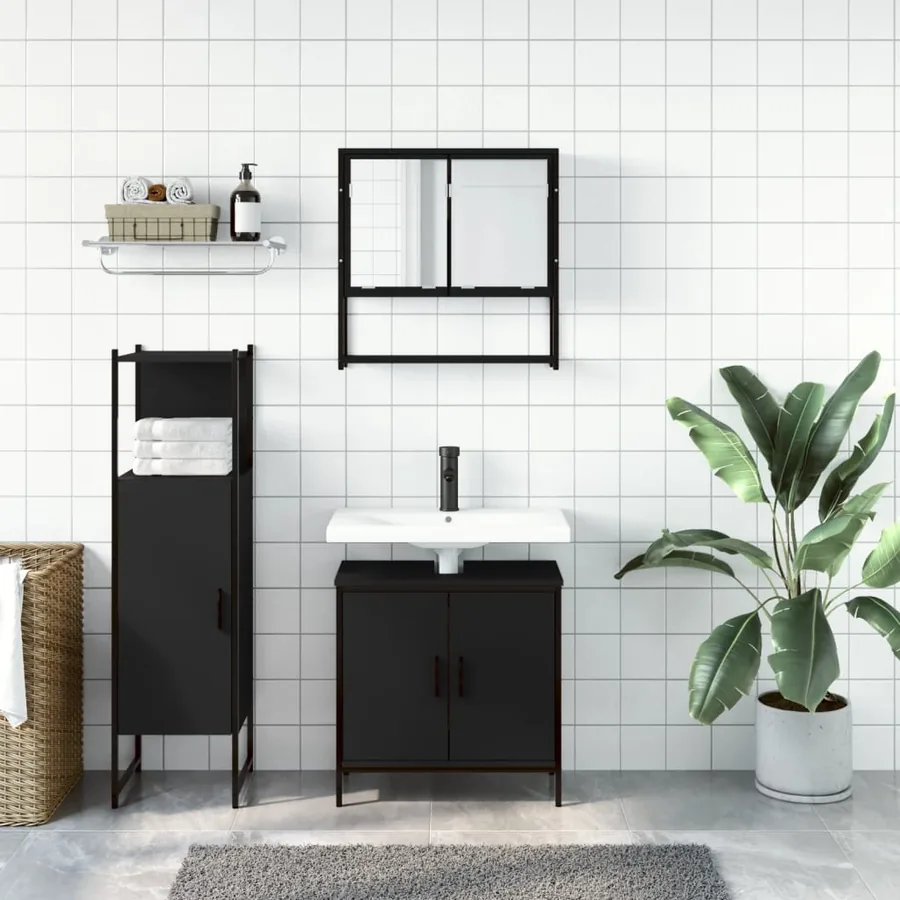 Ensemble de meubles salle de bain 3 pcs noir bois d'ingénierie - 3
