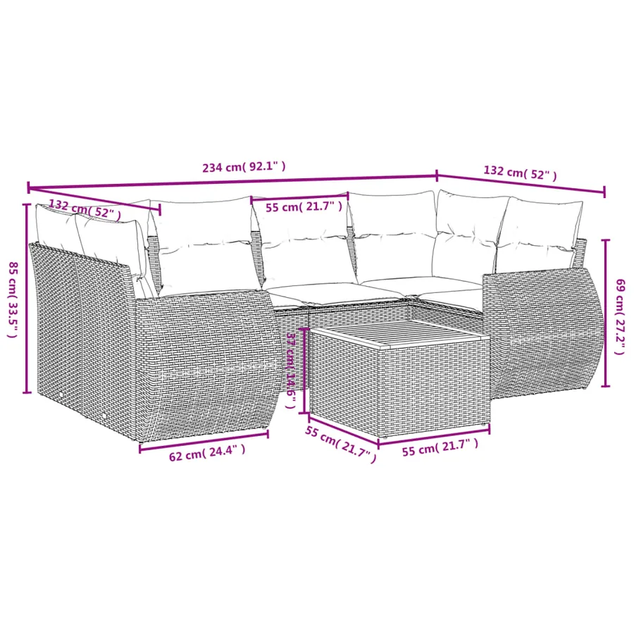 Salon de jardin 7 pcs avec coussins noir résine tressée 62 x 62 x 69 cm - 58,8 kg - 8