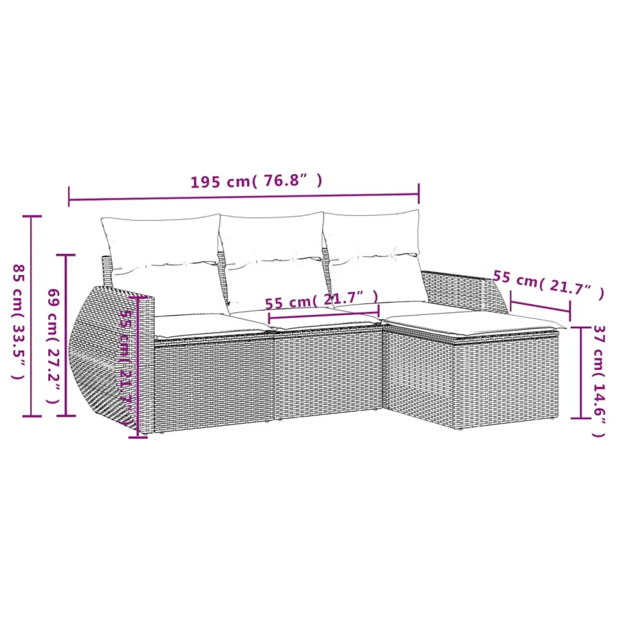 Salon de jardin 4 pcs avec coussins noir résine tressée - 7