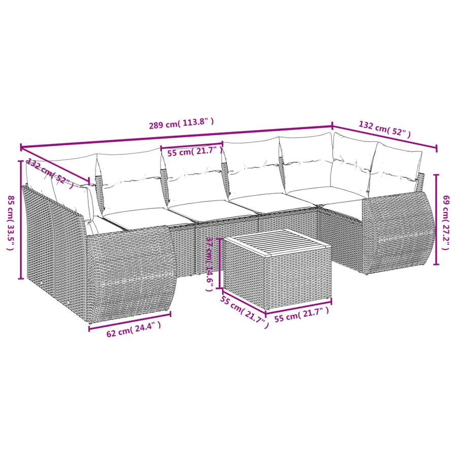 Salon de jardin 8 pcs avec coussins noir résine tressée - 8