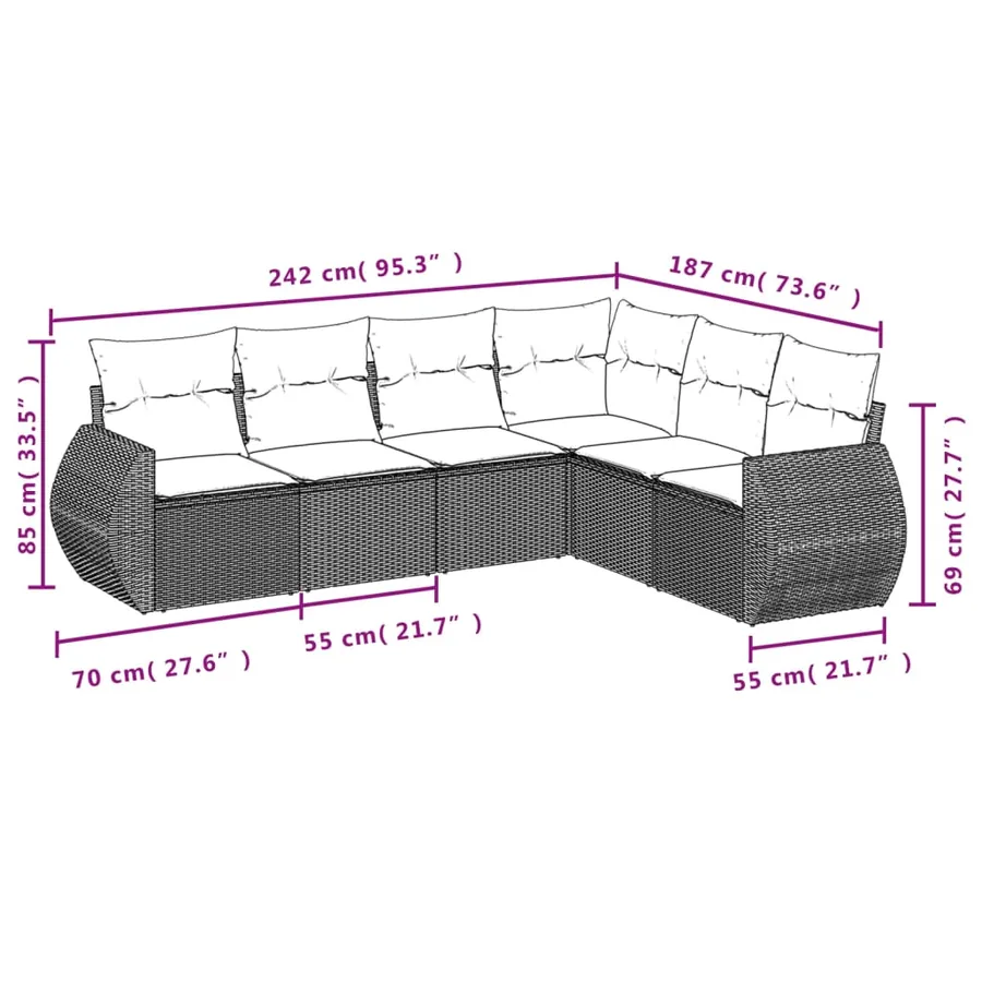 Salon de jardin 6 pcs avec coussins noir résine tressée - 7