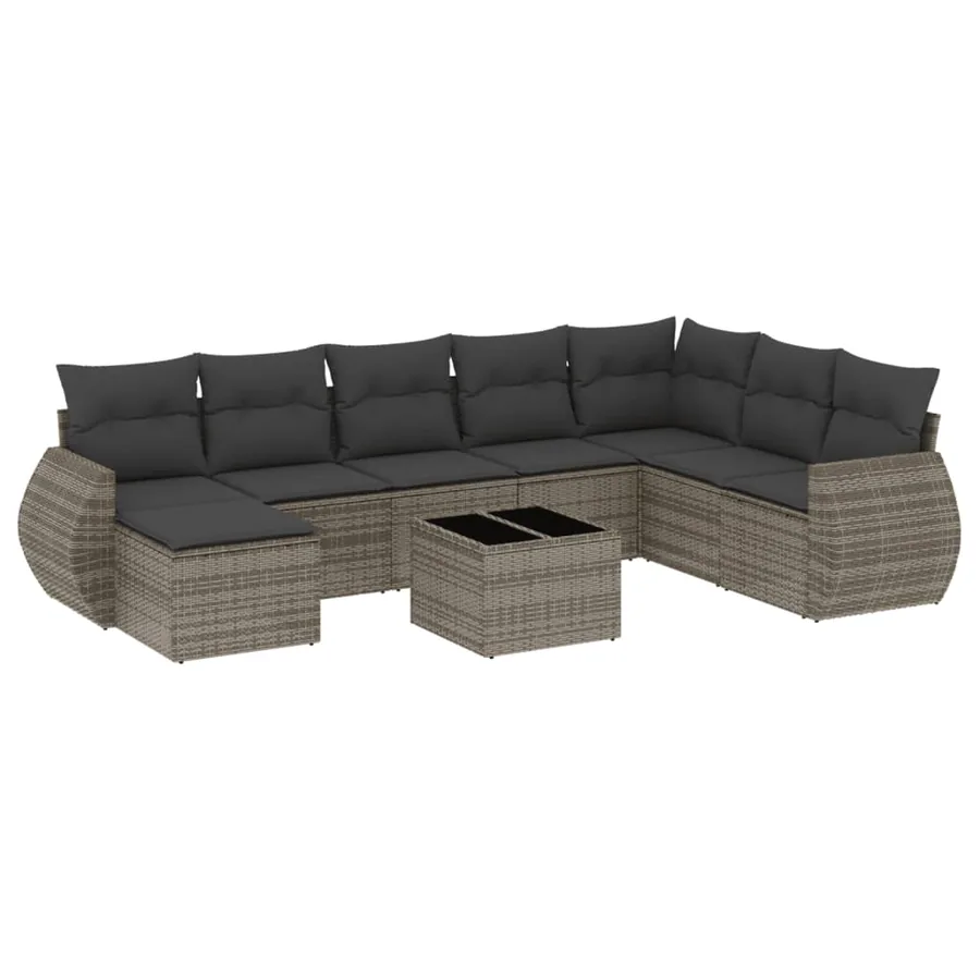 Salon de jardin 9 pcs avec coussins gris résine tressée - 2