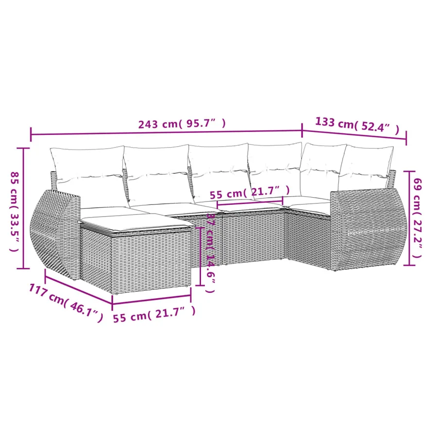 Salon de jardin 6 pcs avec coussins gris résine tressée - 8