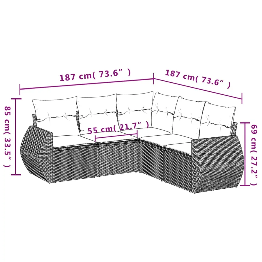 Salon de jardin 5 pcs avec coussins noir résine tressée - 3