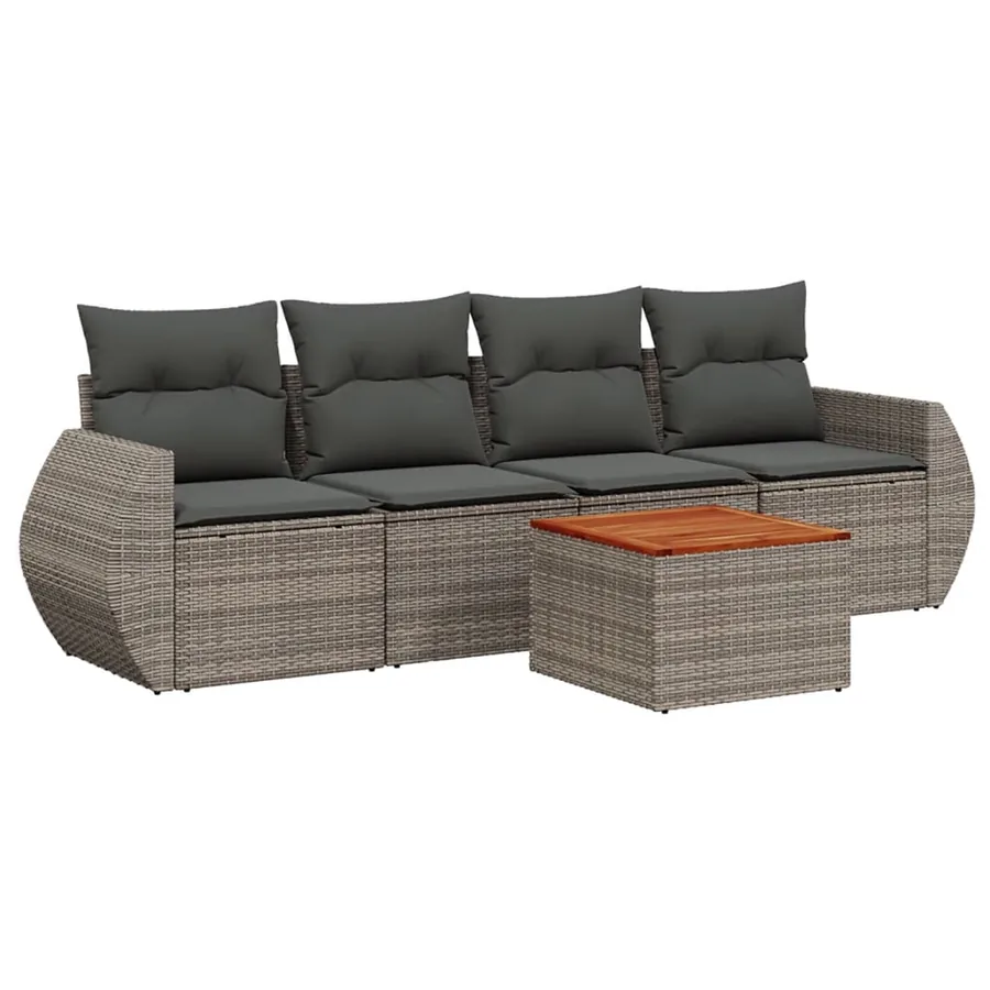 Salon de jardin 5 pcs avec coussins gris résine tressée - 2